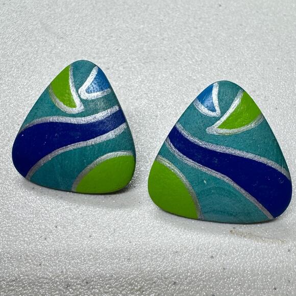 Vintage Blue Green Painted Wood Triangle Earrings Womens 1980s Funky Artsy - Picture 1 of 7